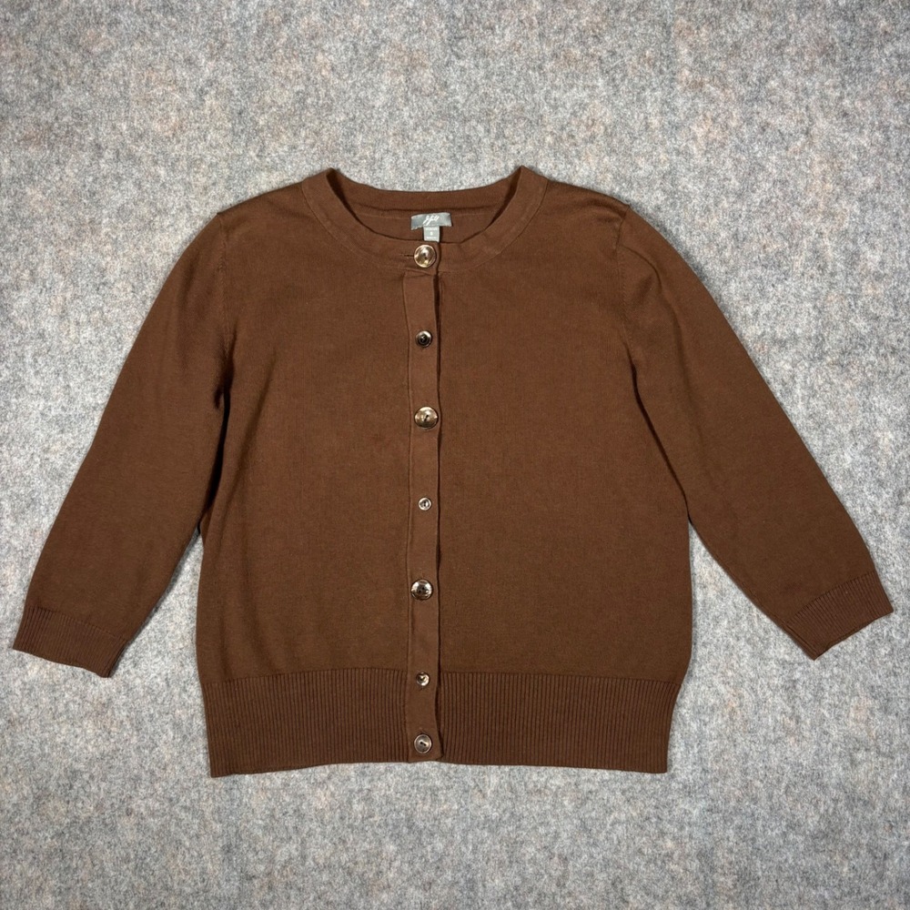 J. Jill Cardigan Women S Brown 3/4‎ Sleeve Stretch Crew Neck Button Up Sweater